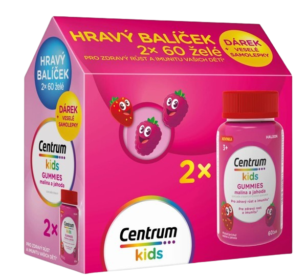 CENTRUM Kids Gummies, Malina a jahoda želé, Dárkové balení 2 x 60 tablet