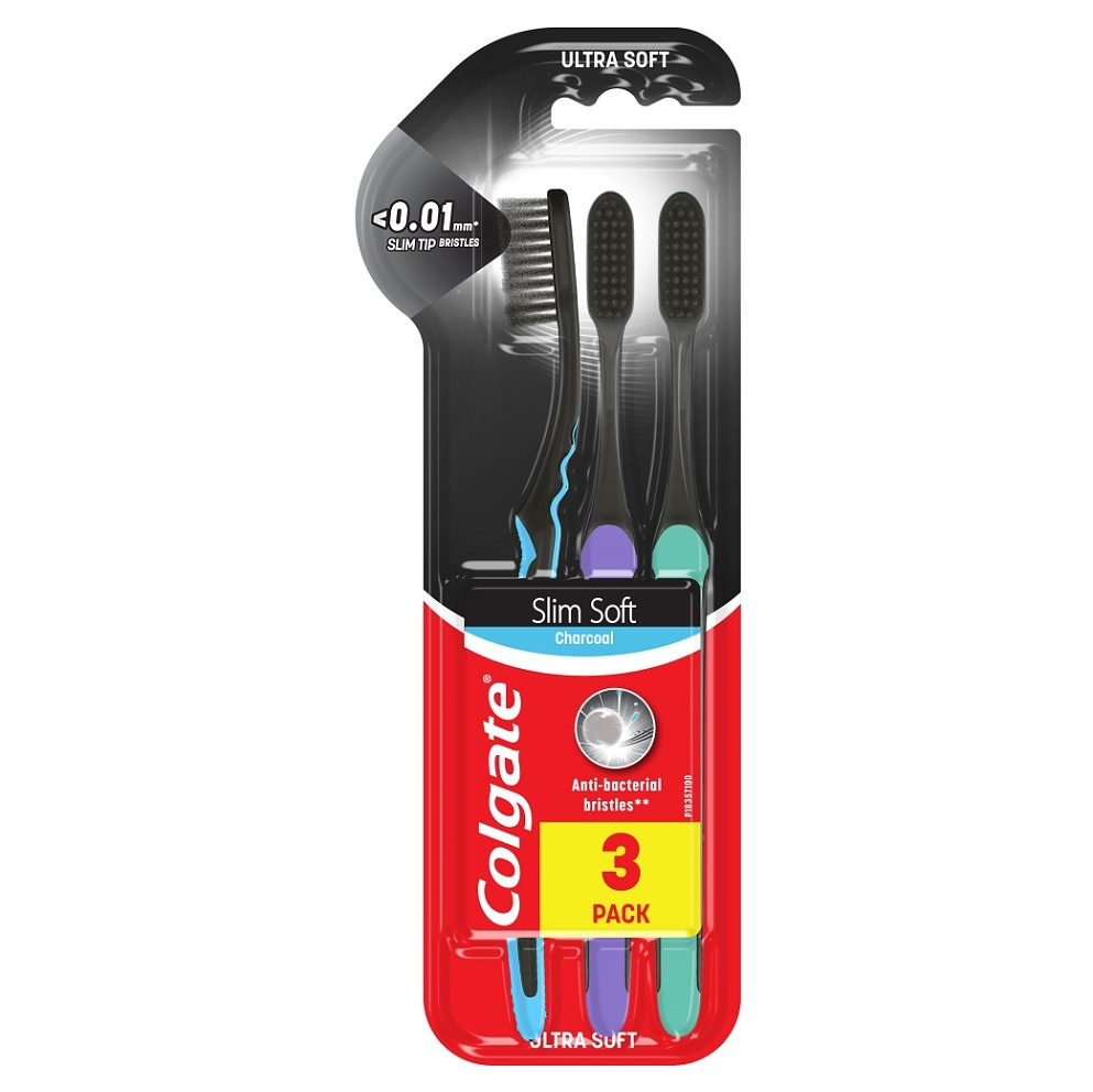 COLGATE Zubní kartáček Slim Soft Charcoal Měkký 3 ks