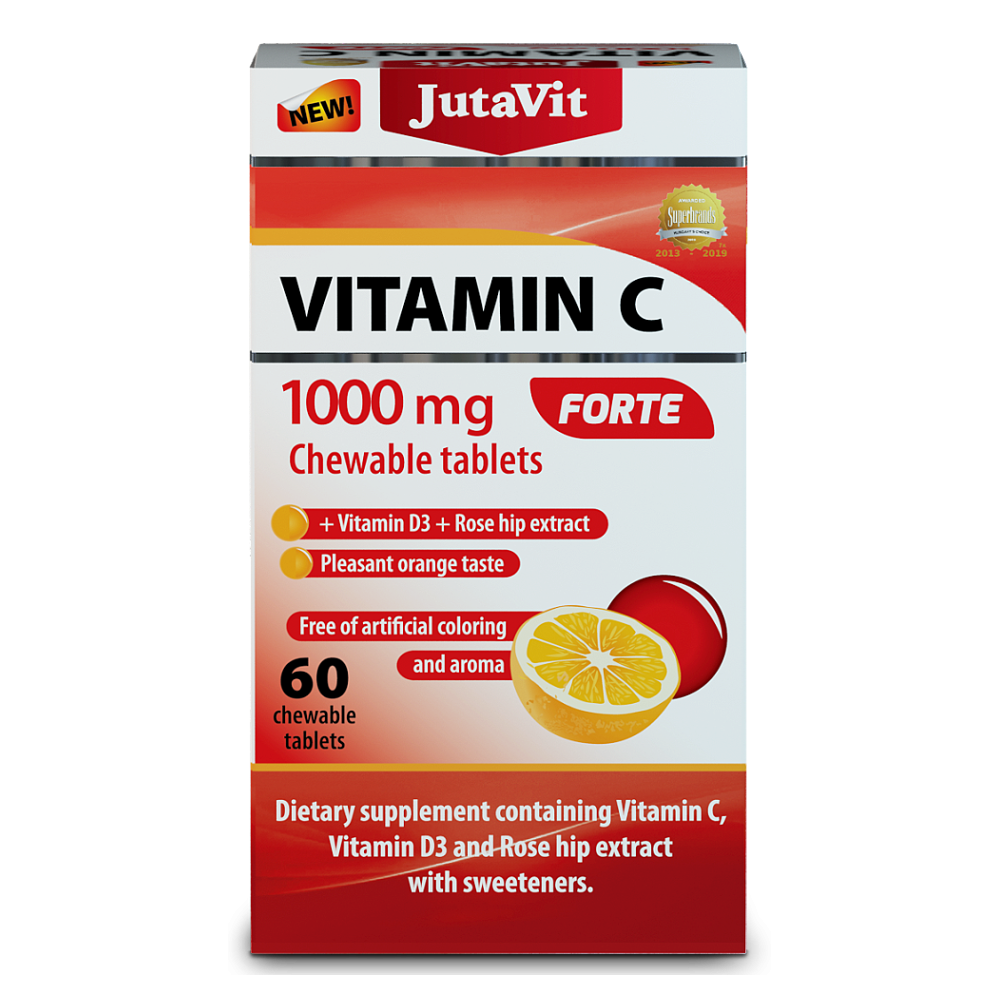 JUTAVIT Vitamín C 1000 mg forte + vitamín D3 2000IU + extrakt ze šípků 25 mg 60 žvýkacích tablet