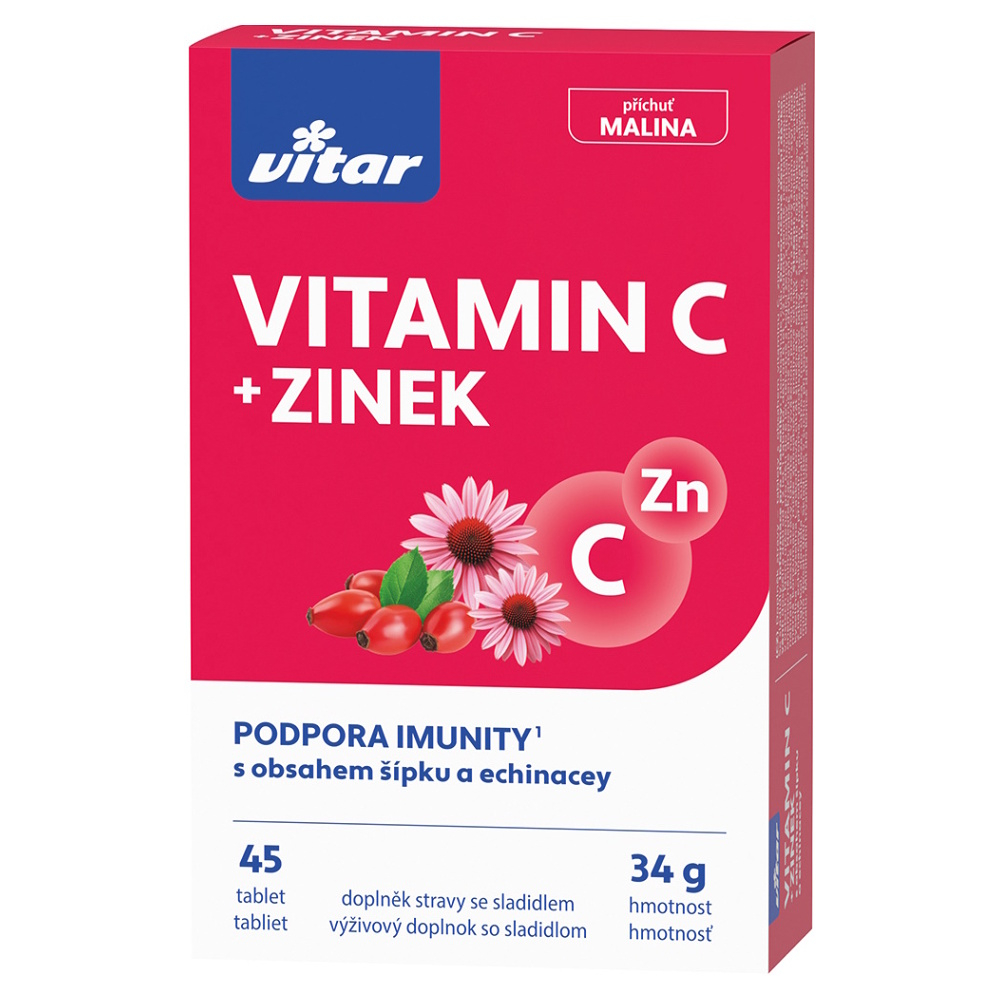 VITAR Vitamin C + zinek + echinacea + šípek s příchutí maliny 30+15 tablet