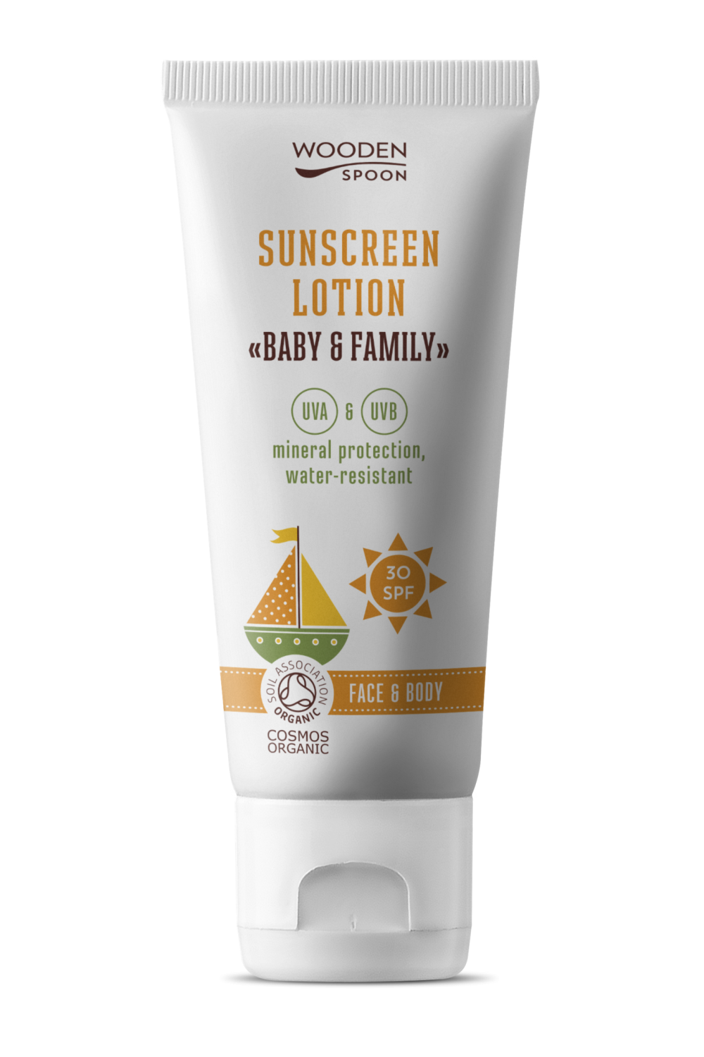 WOODENSPOON Opalovací tělové mléko Baby & Family SPF 30, 100 ml